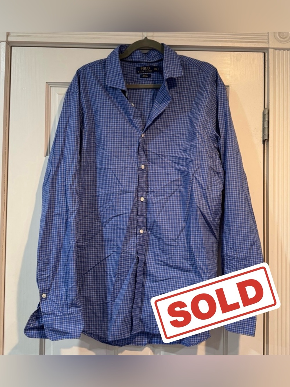 EUC Men’s Ralph Lauren Polo Button Up Dress Shirt XXL - Blue White Plaid Check
